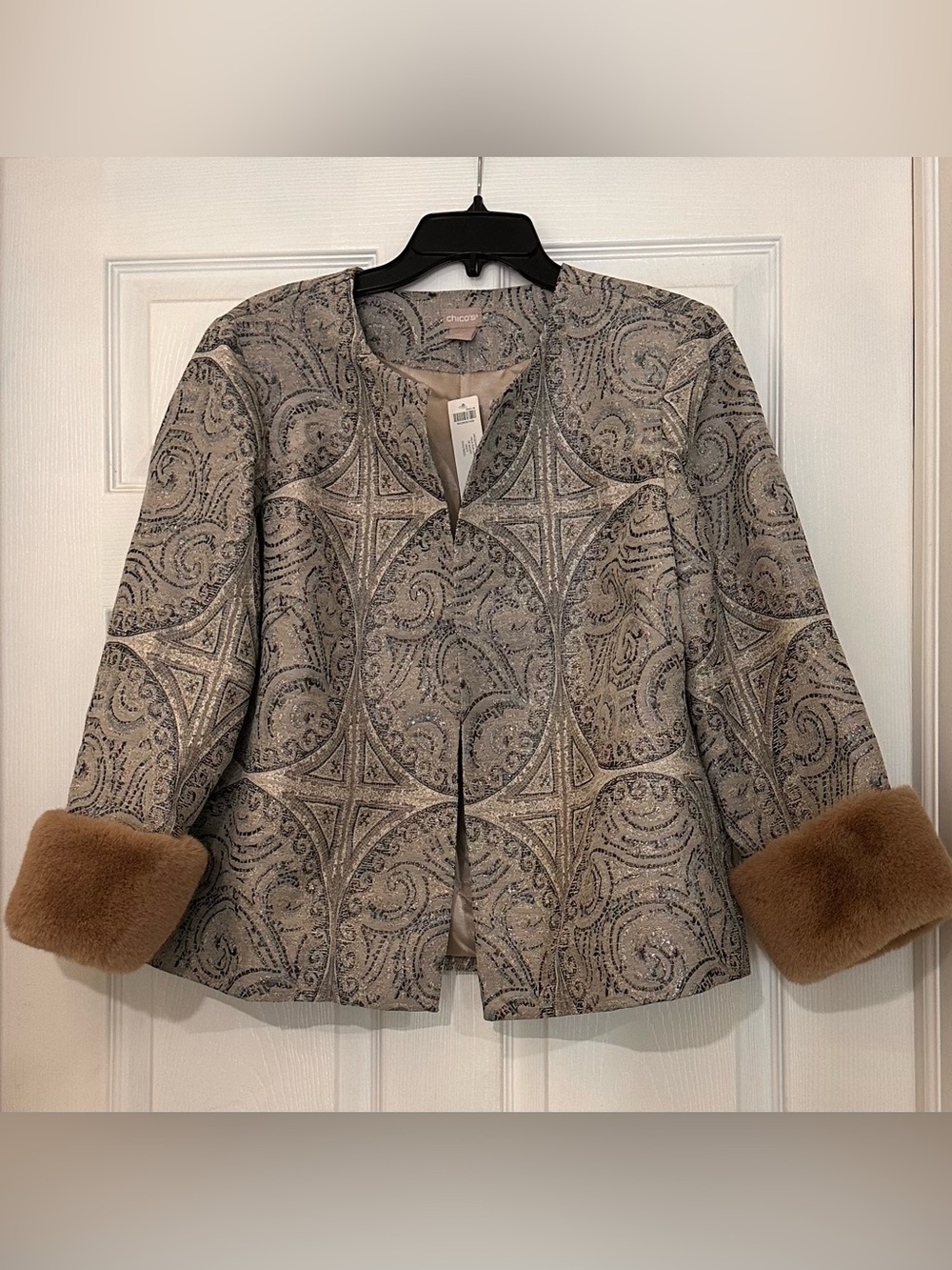 Chico's Taupe Metallic Jacquard Jacket with Removable Faux Fur Cuffs